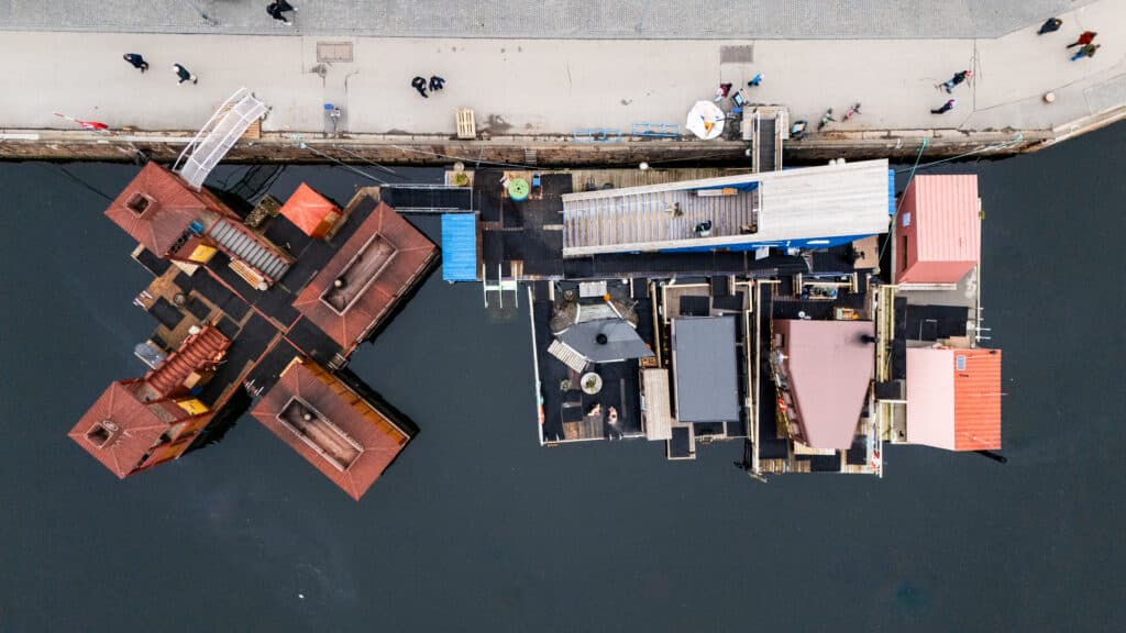 Langkaia Bad — floating sauna village at the Oslo waterfront
